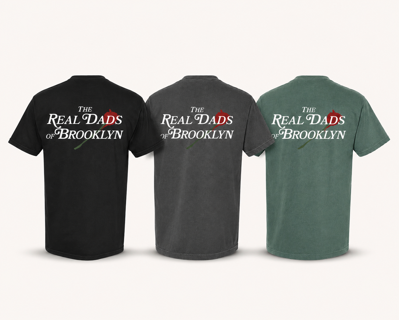 Brooklyn Rose Trio bundle — three Real Dads of Brooklyn tees in Black, Faded Grey, and Faded Green with red rose graphic