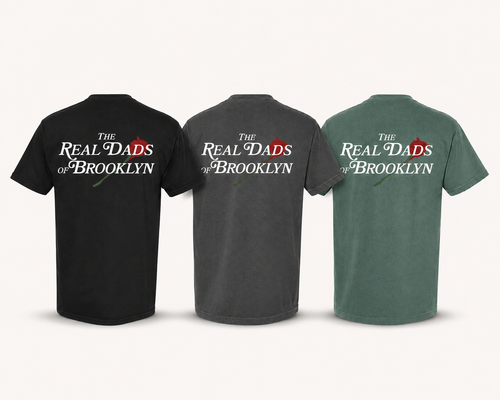 Brooklyn Rose Trio bundle — three Real Dads of Brooklyn tees in Black, Faded Grey, and Faded Green with red rose graphic