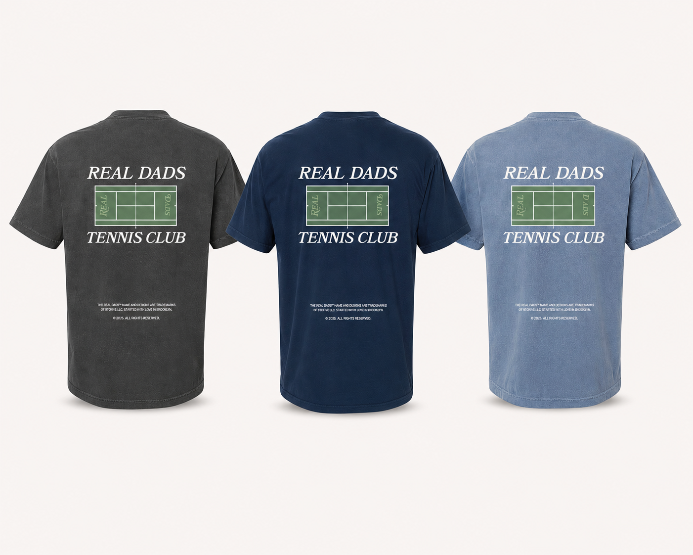 Tennis Trio bundle — three Real Dads Tennis Club tees in Faded Grey, Faded Navy, and Navy Blue